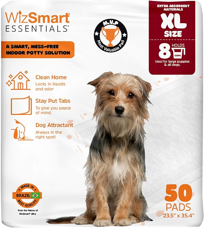 WizSmart Essentials Large Dog Pads, 23.5" x 22", Extra Absorbent Puppy Training Pads, Indoor Potty Pads, Leakproof Gel Pads for Small Dogs, Crate, House, Travel, Eco-Friendly, Non-Slip - 50 Count