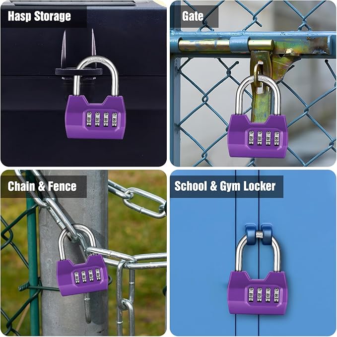 1 Pack disecu 4-Digit Combination Lock, Waterproof Outdoor Padlock for School Gym Locker, Fence, Gate, Shed, Storage Unit (Purple)