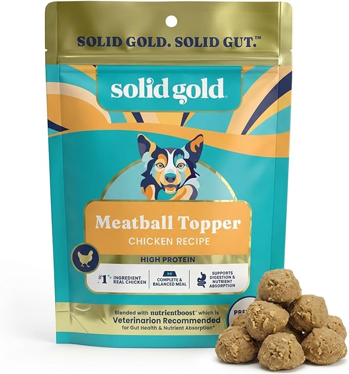Solid Gold Meatball Dog Food Toppers for Dry Food - High Protein Chicken Meatball Topper for Dogs - Complete Meal, Meal Mix in or Soft Dog Treats - Gut Support - 3 Pack *Refrigerate After Opening*