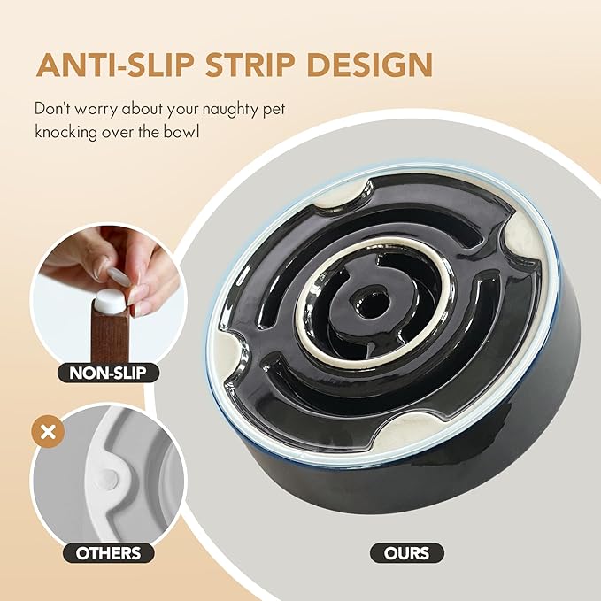 Ceramic 1.2 Cup Dog Raised Slow Feeder Set, Elevated Bowl with Wooden Stand for Medium and Small Dog, 7.3inch Slow Feeder Dish for Fast Easters (Starry Sky, Single Bowl+ Stand)