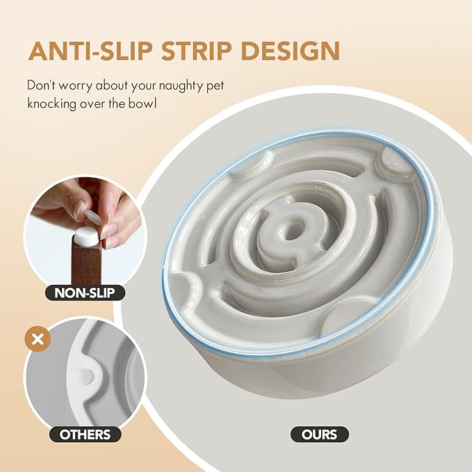 Ceramic 1.2 Cup Dog Raised Slow Feeder Set, Elevated Bowl with Wooden Stand for Medium and Small Dog, 7.3inch Slow Feeder Dish for Fast Easters(Single Bowl+ Stand, Reactived Glaze -White)