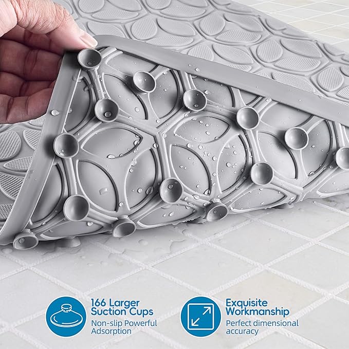 WRISIN Bathtub Mat Non Slip with Suction Cups - 100% Rubber Bathroom Mat Textured for Bath Tub Shower Safety - Soft on Touch - BPA/PVC Free - Pet Dog Bath Mat - Machine Washable - 17 × 35 Inch（Gray）