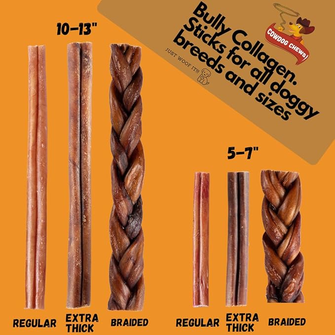 Cowdog Chews Beef Bully Stick: Odor-Free, Fully Digestible Beef Collagen Chews (5-7", 10 Count) - Natural, Grain-Free, Long-Lasting Collagen Bully Stick Substitute for All Dog Breeds