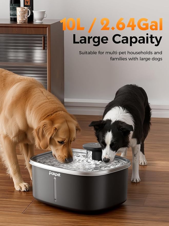 10L/2.64GAL Wireless Water Fountain for Cats Large Dogs for Multi-Pet Homes - Stainless Steel 4000mAh Battery Operated Automatic Pet Water Dispenser with Sensor, Quiet Flowing Bowl - Black