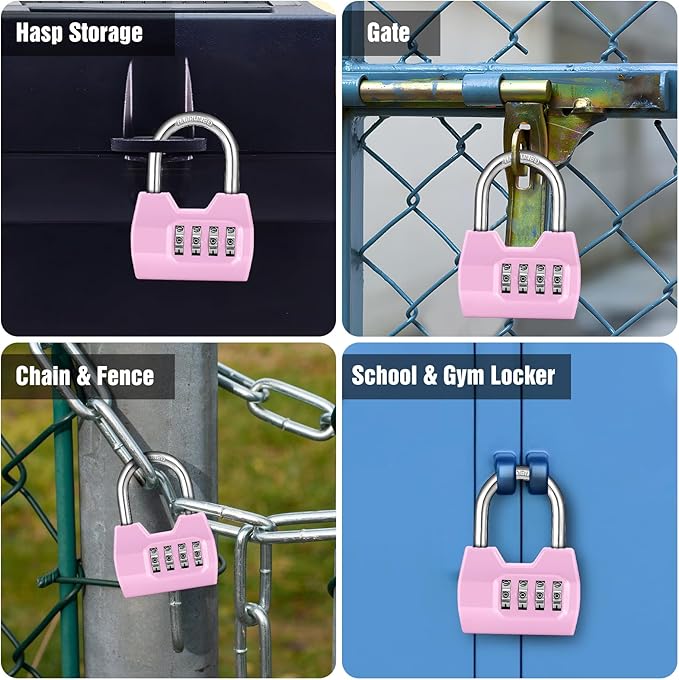 1 Pack disecu 4-Digit Combination Lock, Waterproof Outdoor Padlock for School Gym Locker, Fence, Gate, Shed, Storage Unit (Pink)
