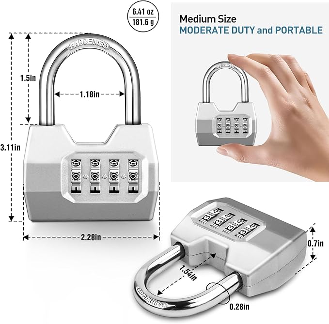 1 Pack disecu 4-Digit Combination Lock, Waterproof Outdoor Padlock for School Gym Locker, Fence, Gate, Shed, Storage Unit (Silver)