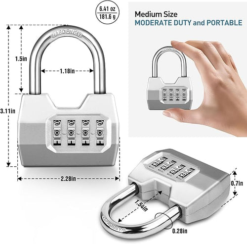 1 Pack disecu 4-Digit Combination Lock, Waterproof Outdoor Padlock for School Gym Locker, Fence, Gate, Shed, Storage Unit (Silver)