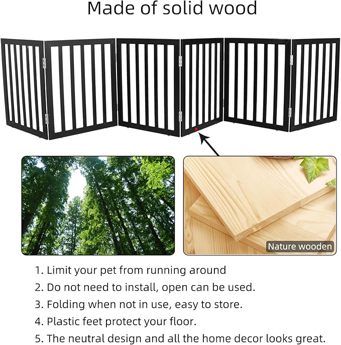 ZJSF Freestanding Indoor Dog Gate for House Foldable Wood Black Puppy Gate for Doorways Pet Gate for Stairs Extra Wide Pet Fence 24" Height 6 Panels