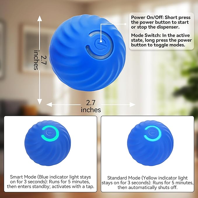 QKOQKO Interactive Dog Ball, USB Rechargeable Automatic Moving Dog Toy with Treat Dispenser, 2.87-Inch Washable TPU Puzzle Ball for Small & Medium Dogs, Exercise & Mental Stimulation – Blue
