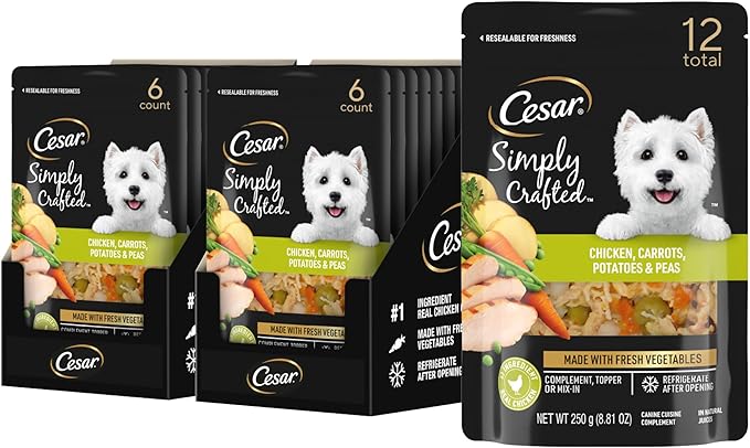 Cesar Simply Crafted Adult Wet Dog Food Toppers for Dry Food, Wet Food for Dogs, Chicken, Carrots, Potatoes & Peas, 8.82 oz. Pouches, 6 Count (Pack of 2)