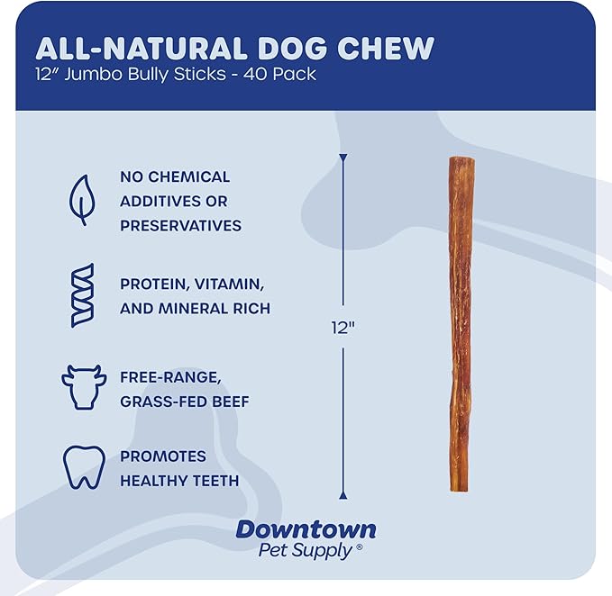 Downtown Pet Supply Jumbo Bully Sticks for Dogs - Natural Beef Chews, Low-Odor & Rawhide-Free, Long Lasting Dog Treats for Aggressive Chewers - Healthy, Safe & Delicious Chews Dogs Love (12" 40 Pack)