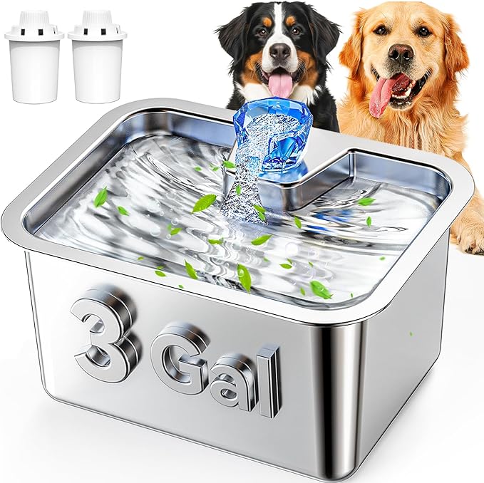 Stainless Steel Dog Water Fountain, 3 Gallon Extra Large Pet Drinking Fountain for Large Dogs & Multi-pet, Automatic Dog Water Bowl Dispenser with 2 Filters, Wide Drinking Area, Easy to Clean