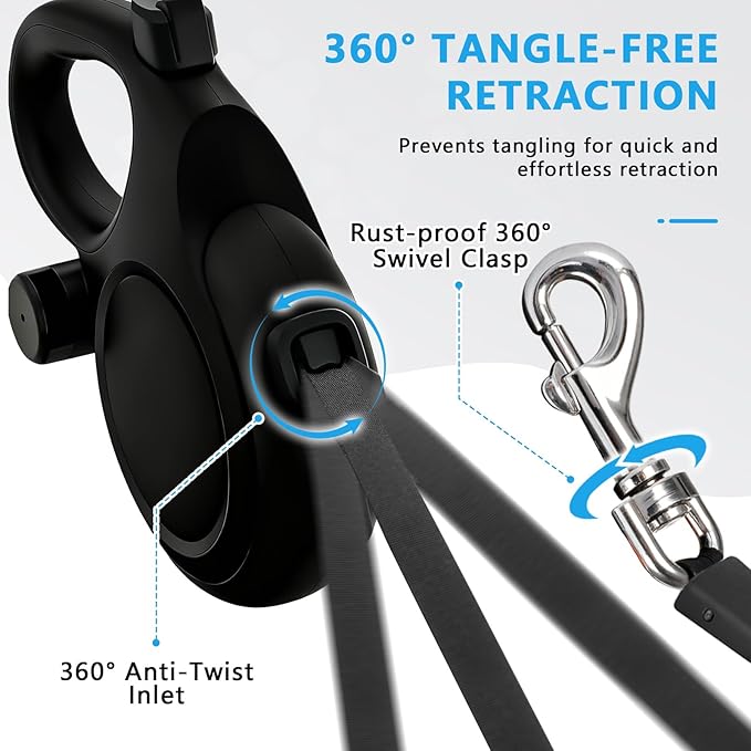 26Ft Retractable Dog Leash for Medium/Large Dogs up to 110lbs, Strong Heavy Duty Retractable Leash with Chew-Proof Cable, 360 Tangle Free, One Hand Brake Lock & Poo Bag Holder (Black)