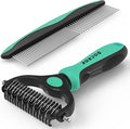 Pet Grooming Brush and Metal Comb Combo, Cat Brush Dog Brush for Shedding, Undercoat Rake for Dogs Grooming, Dematting Deshedding Brush Dogs Shedding Tool for Long matted Haired Pets, Green