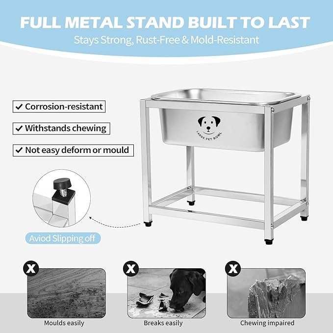 1.25 Gallon Elevated Large Dog Water Bowl, 10.23" Raised Stainless Steel Bowl for Medium Large Breed, Elevated Dog Water Bowl with Full Metal Stand, Easy to Clean and Assemble for Indoor Outdoor