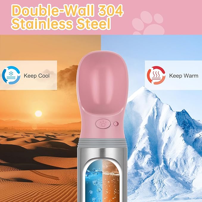 Portable Dog Water Bottle, 14 OZ, Stainless Steel Leak Proof Puppy Water Dispenser with Drinking Feeder for Pets Travel, Walking, Hiking and Outdoor Activities