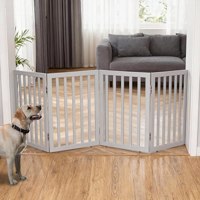 ZJSF Freestanding Indoor Dog Gate for House Foldable Wood Grey Puppy Gate for Doorways Pet Gate for Stairs Extra Wide Pet Fence 32" Height 4 Panels