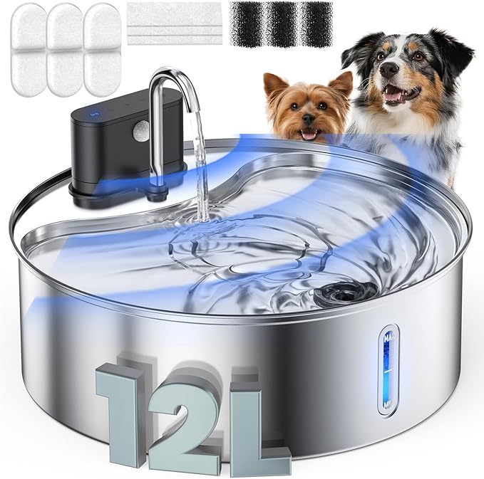 Wireless Dog Water Fountain for Large Dogs, 12L/3.2Gal Stainless Steel Dog Fountain Water Bowl with Sensor, Quiet Pump BPA-Free Automatic Water Dispenser for Cats Dogs Pets
