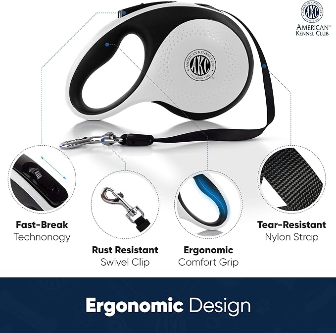 American Kennel Club Retractable Dog Leash, 16.4ft, Tangle-Free, Ergonomic Grip, One-Hand Brake, for Medium & Large Dogs up to 110 lbs
