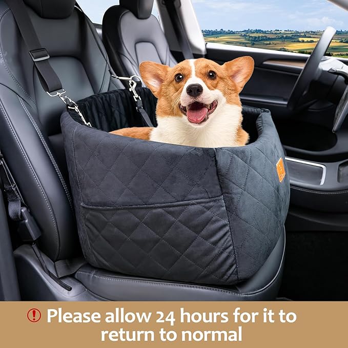 Dog Car Seat for Small Dogs, Memory Foam Dog Booster Car Seats with Thick Cushion for Dogs Under 30lbs, Detachable Washable Pet Travel Bed with Storage Pockets and 2 Safety Belt