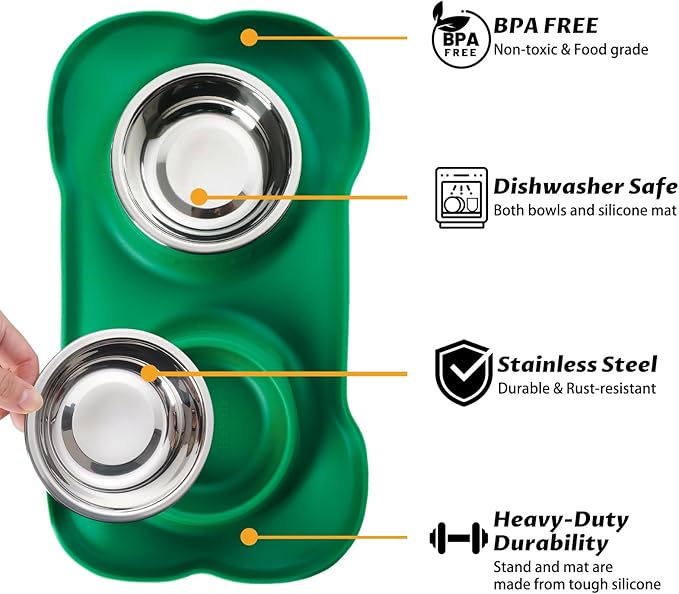 Hubulk Pet Dog Bowls 2 Stainless Steel Dog Bowl with No Spill Non-Skid Silicone Mat + Pet Food Scoop Water and Food Feeder Bowls for Feeding Small Medium Large Dogs Cats Puppies (Medium, Hunter Green)