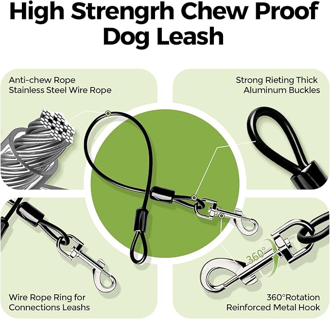 Chew Proof Dog Leash, 2 Pack Metal Cable Lead Collar Extender Non-Tangle Connect Dog Leash for Teething Puppies Small Medium and Large Dogs for Collars and Harnesses (3mm, S)