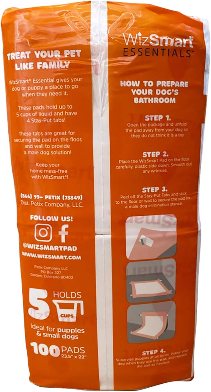 WizSmart Essentials Large Dog Pads, 23.5" x 22", Extra Absorbent Puppy Training Pads, Indoor Potty Pads, Leakproof Gel Pads for Small Dogs, Crate, House, Travel, Eco-Friendly, Non-Slip - 100 Count