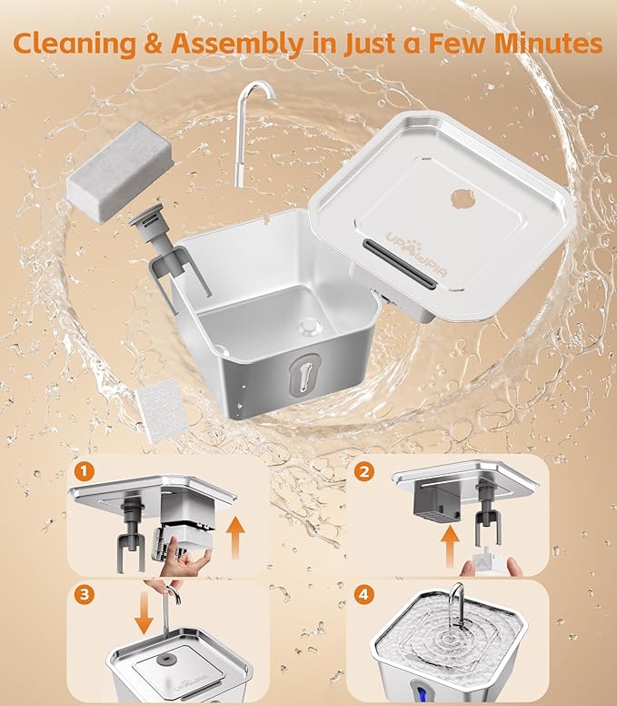 4L/135oz Large Cat Water Fountain Stainless Steel with 4 Filters Pet Water Fountain for Cats Quiet Indoor Pets Dog Small Animal Automatic Dog Water Dispenser for Drinking Watering Supplies