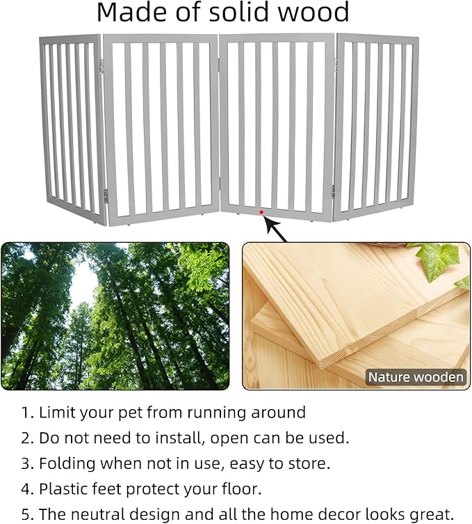 ZJSF Freestanding Indoor Dog Gate for House Foldable Wood Grey Puppy Gate for Doorways Pet Gate for Stairs Extra Wide Pet Fence 32" Height 4 Panels