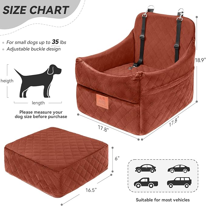 Dog Car Seat for Small/Medium Dogs, Dog Booster Car Seats with Thick Cushion for Dogs Under 35 lbs, Detachable Washable Pet Carseat with Storage Pockets, 2 Safety Belts(Brown)