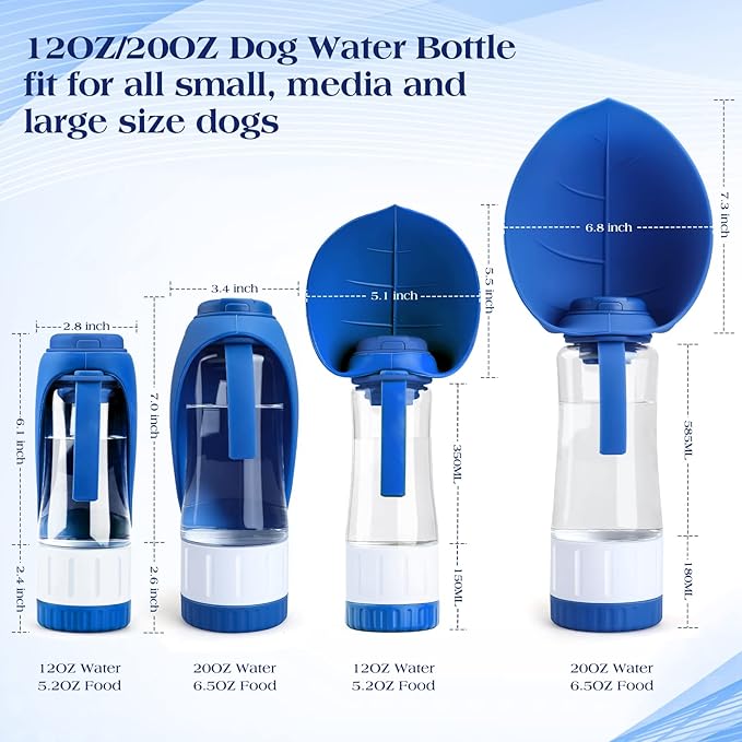 TIOVERY Upgraded Dog Water Bottle, Portable Dog Cat Puppy Pet Water Dispenser Feeder with Drinking Cup and Food Container Leak Proof for Outdoor Walking, Travel, Hiking 12OZ Blue