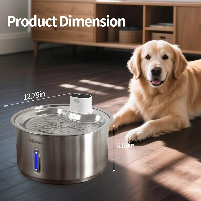2.8Gal/11L Cordless Dog Water Fountain for Large Dogs, Petsamuse 5000mAh Battery Operated Stainless Steel Dog Fountain Water Bowl with 2 Quiet Pumps Wireless Pet Water Fountain with 15 Filters