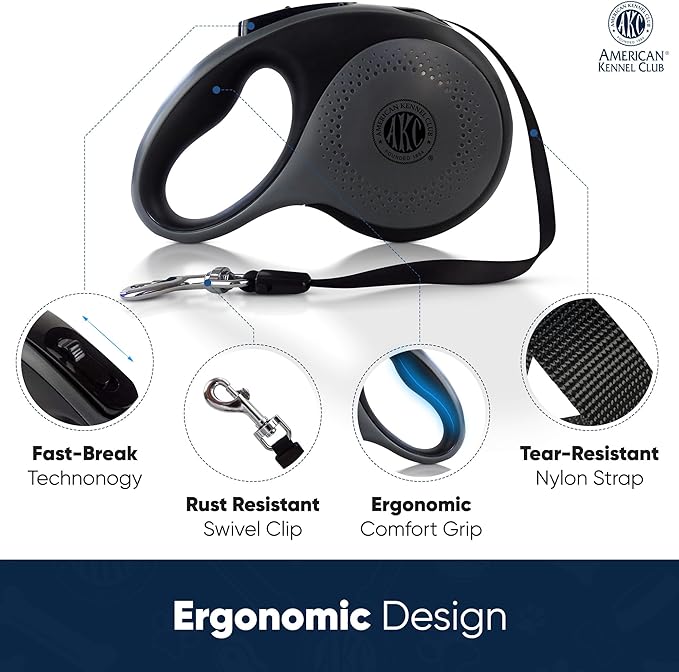 American Kennel Club Retractable Dog Leash, 16.4ft, Tangle-Free, Ergonomic Grip, One-Hand Brake, for Medium & Large Dogs up to 110 lbs