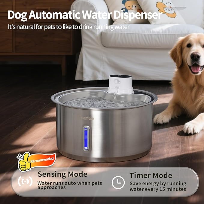 2.8Gal/11L Cordless Dog Water Fountain for Large Dogs, Petsamuse 5000mAh Battery Operated Stainless Steel Dog Fountain Water Bowl with 2 Quiet Pumps Wireless Pet Water Fountain with 15 Filters