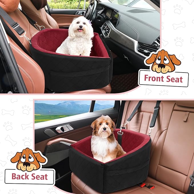 Dog Car Seat for Small Medium Dogs,Detachable Washable Dog Booster Seat Under 30lbs, Pet Car Seats Travel Bed with Storage Pockets and Safety Belt（Black/Red）