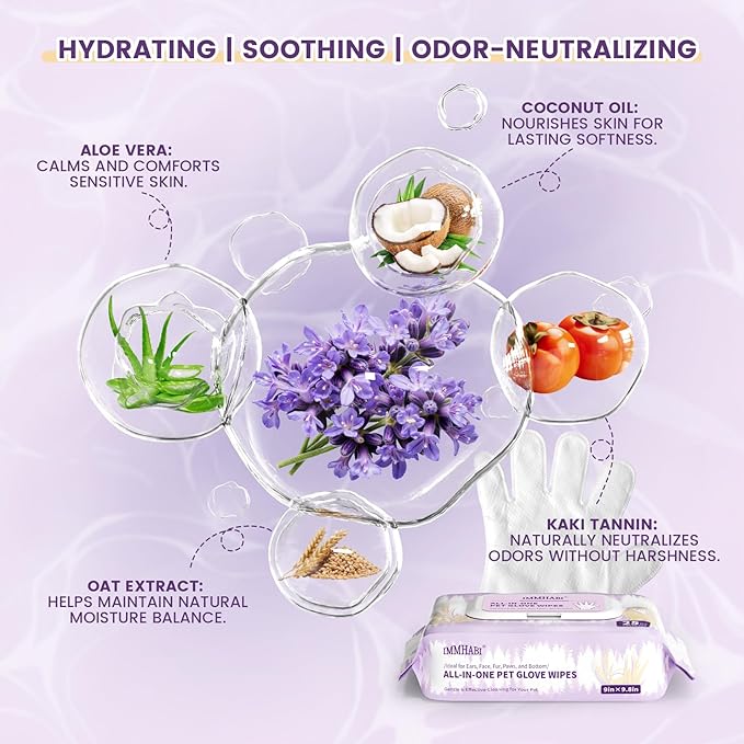 100 Dog Wipes for Paws and Butt Plant Based Hypoallergenic Pets Cleansing & Deodorizing Anal Gland Hygienic Puppy Wipes for Dogs Face and Body (Lavender, 100 Glove Wipes)