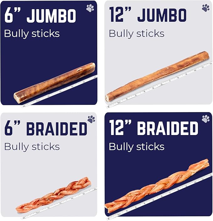 Devil Dog Pet Co. Jumbo Bully Sticks – 12 Inch, 6 Pack Dog Chews, 100% Natural, Single Ingredient, Free-Range Grass-Fed Beef – Long Lasting, Rawhide-Free Treats for Dogs