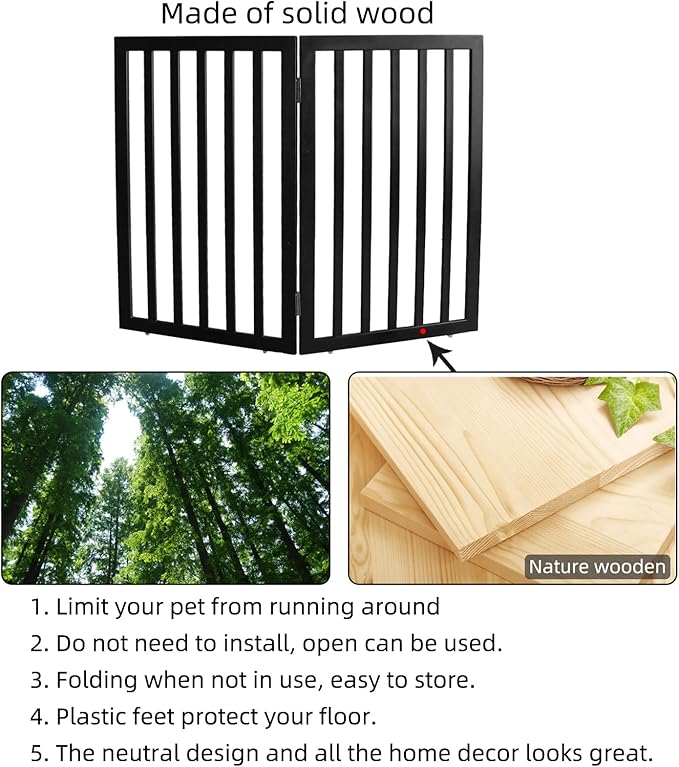 ZJSF Freestanding Indoor Dog Gate for House Foldable Wood Black Puppy Gate for Doorways Pet Gate for Stairs Extra Wide Pet Fence 32" Height 2 Panels