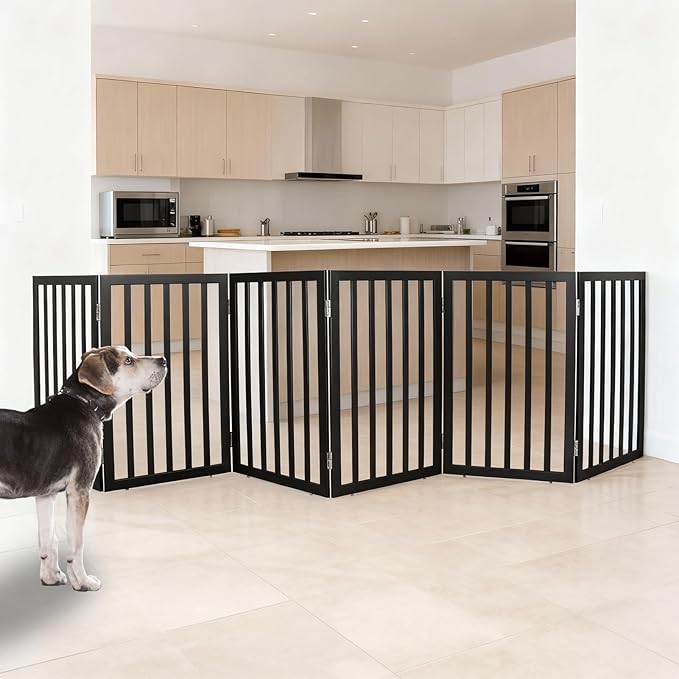 ZJSF Freestanding Indoor Dog Gate for House Foldable Wood Black Puppy Gate for Doorways Pet Gate for Stairs Extra Wide Pet Fence 32" Height 6 Panels