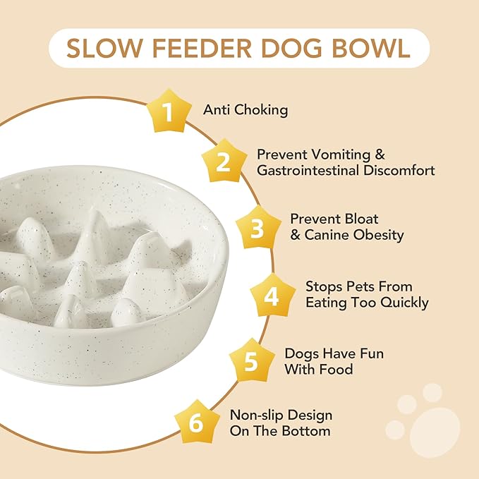 Ceramic 1.2 Cup Dog Raised Slow Feeder Set, Elevated Bowl with Wooden Stand for Medium and Small Dog, 7.3inch Slow Feeder Dish for Fast Easters(1 Bowl & Stand, Vanilla White)
