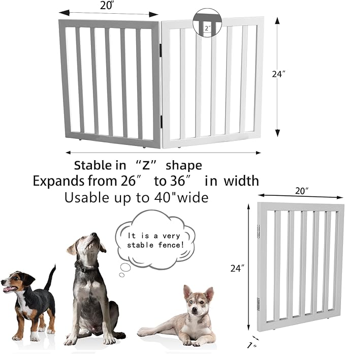 ZJSF Freestanding Indoor Dog Gate for House Foldable Wood White Puppy Gate for Doorways Pet Gate for Stairs Extra Wide Pet Fence 24" Height 2 Panels
