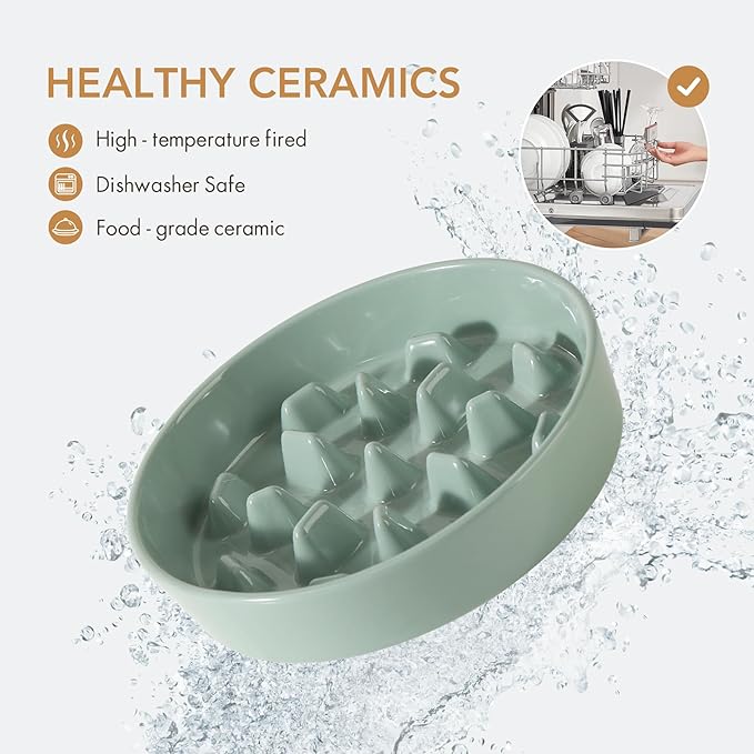 Ceramic 3.2 Cup Dog Raised Slow Feeder Set, Elevated Bowl with Wooden Stand for Large Dog, 9.5inch Slow Feeder Dish for Fast Easters, Anti-Gulping(Light Green, Single Bowl+ Stand)
