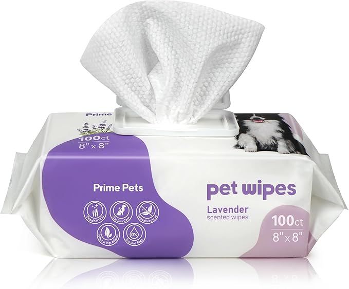 Prime Pets Dog Wipes for Paws and Butt, 100 Count, 8" x 8" Hypoallergenic Pet Wipes for Dogs Cats Cleaning Deodorizing, Lavender Scented, Thick Puppy Wipes for Ears, Eyes, Body and Teeth