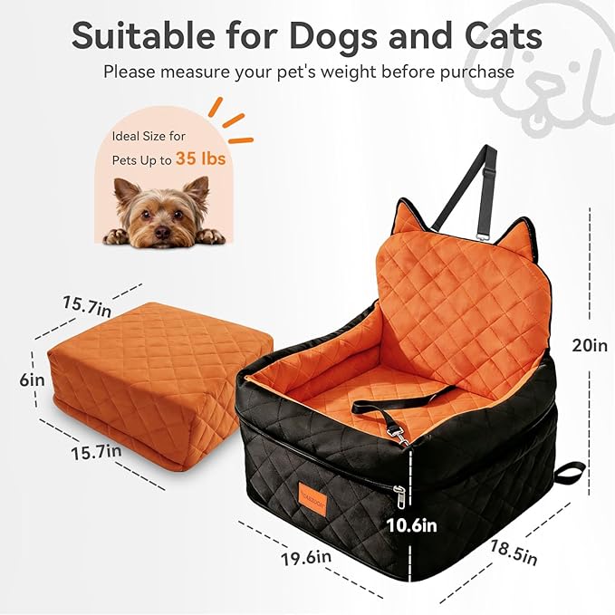 Dog Car Seat for Small/Medium Dogs Up to 35lbs,Elevated Cushion Fits in Front/Back Seat,Travel Safety Per Car Bed with Washable Removable Cover, Storage 2 Pockets Black-Orange