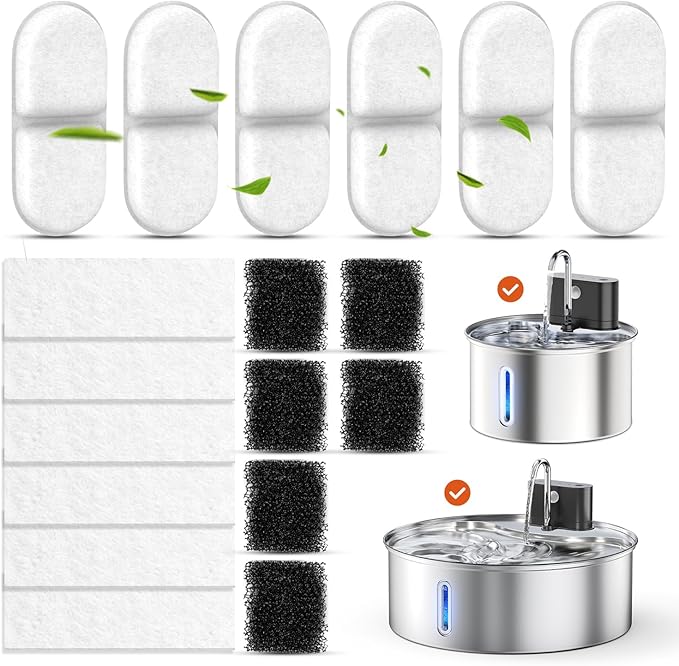 Cat Water Fountain Filter Replacement,18 Pcs(6 Carbon+ 6 Sponge+ 6 Cotton) for Pets Automatic Water Dispenser for Dogs, Compatible with 2.2L/3L/3.2L/3.5L/12L Stainless Steel Cat Fountains