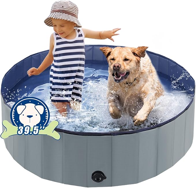 Foldable Dog Pool, Portable Pet Bath Tub and Kiddie Swimming Pool, Collapsible Bathtub for Puppies, Small, Medium and Large Dogs, Cats and Kids, 39.5 x 12 in, Gray