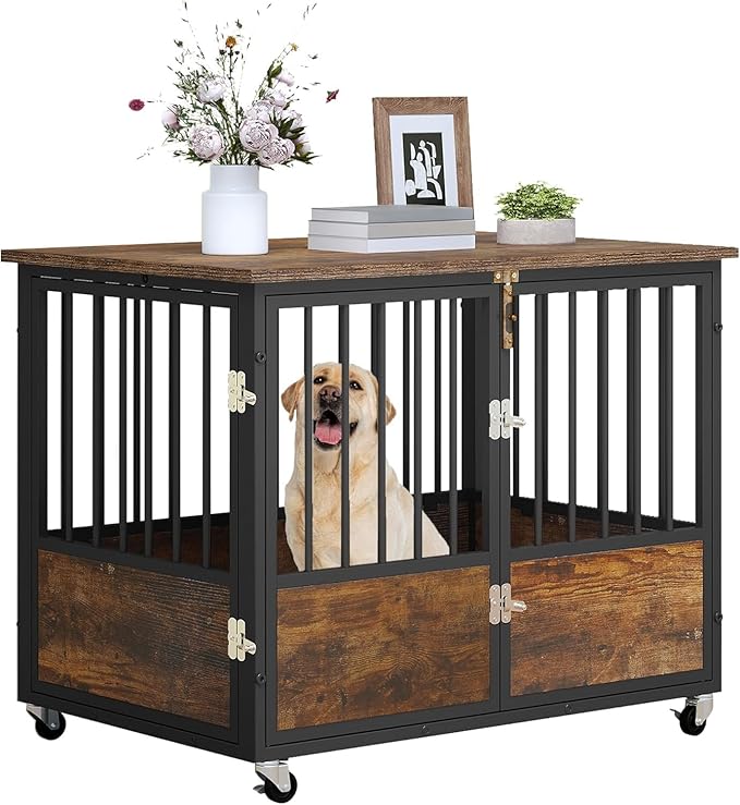 YITAHOME Rustic Heavy Duty Dog Crate Furniture with Wheels, Double-Doors Metal Dog Kennel Indoor for Small Medium Dogs, Decorative Dog House Side End Table, Chew-Resistant Wooden Dog Cage