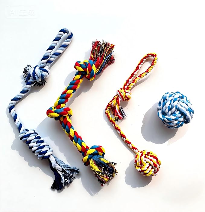 Blrmba 4-Pack Cotton Rope Dog Toys, Puppy Teething Chews for Small-Medium Breeds, Durable Tug-of-War & Fetch Toys for Indoor/Outdoor Play, Aggressive Chewers, Boredom Relief, Teeth Clean