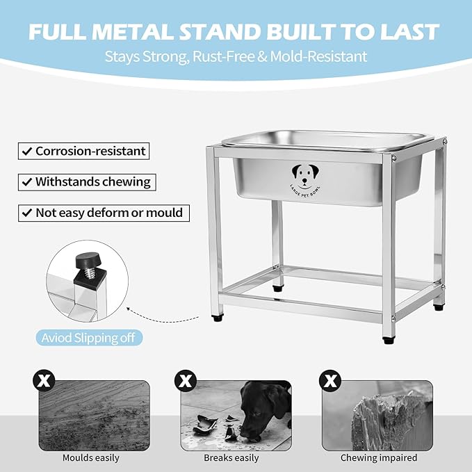 0.85 Gallon Elevated Large Dog Water Bowl, 10.23" Raised Stainless Steel Bowl for Medium Large Breed, Elevated Dog Water Bowl with Full Metal Stand, Easy to Clean and Assemble for Indoor Outdoor