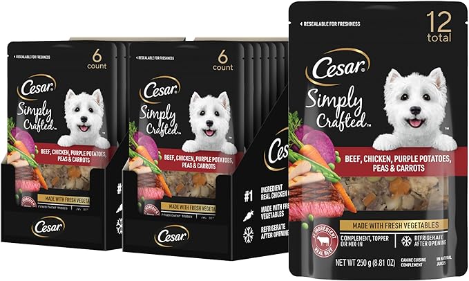 Cesar Simply Crafted Wet Dog Food Topper Beef, Chicken, Purple Potatoes, Peas & Carrots, Wet Food for Dogs, 8.82 oz. Pouch, 6 Count (Pack of 2)